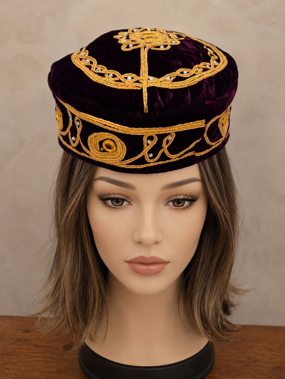 Velvet Embroidered Pillbox Hat - Purple with Gold Trim